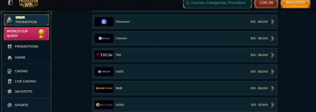 Browse crypto deposit options.