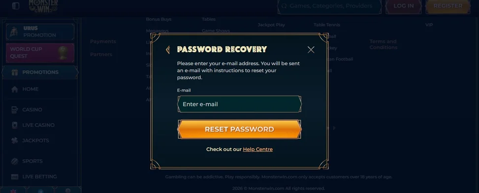 Reset password recovery form.