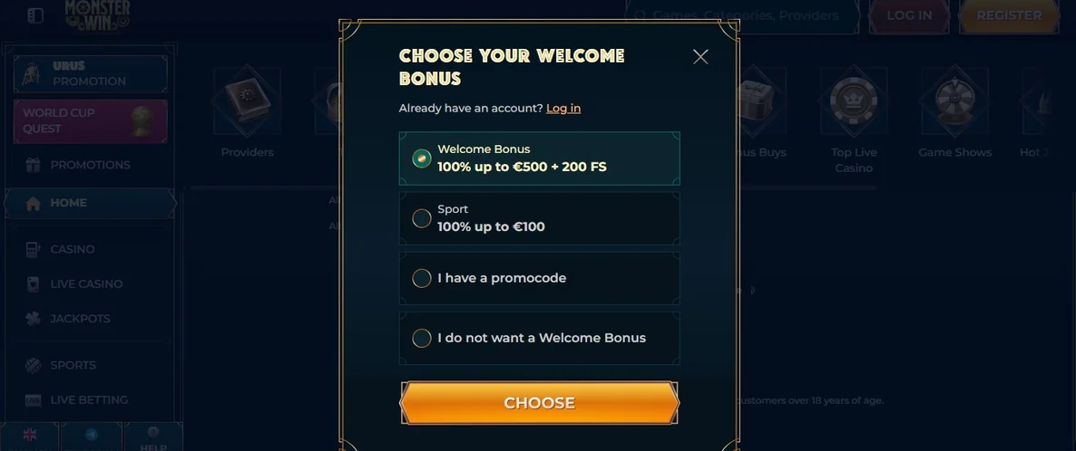 Choose welcome bonus popup.