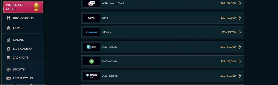 View withdrawal payment options.