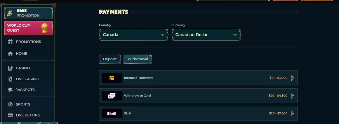 View withdrawal payment options.